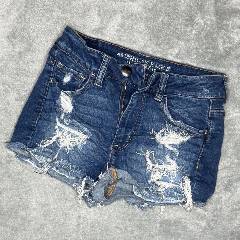 American Eagle Outfitters Women's Dark Blue Ripped Jean Shorts